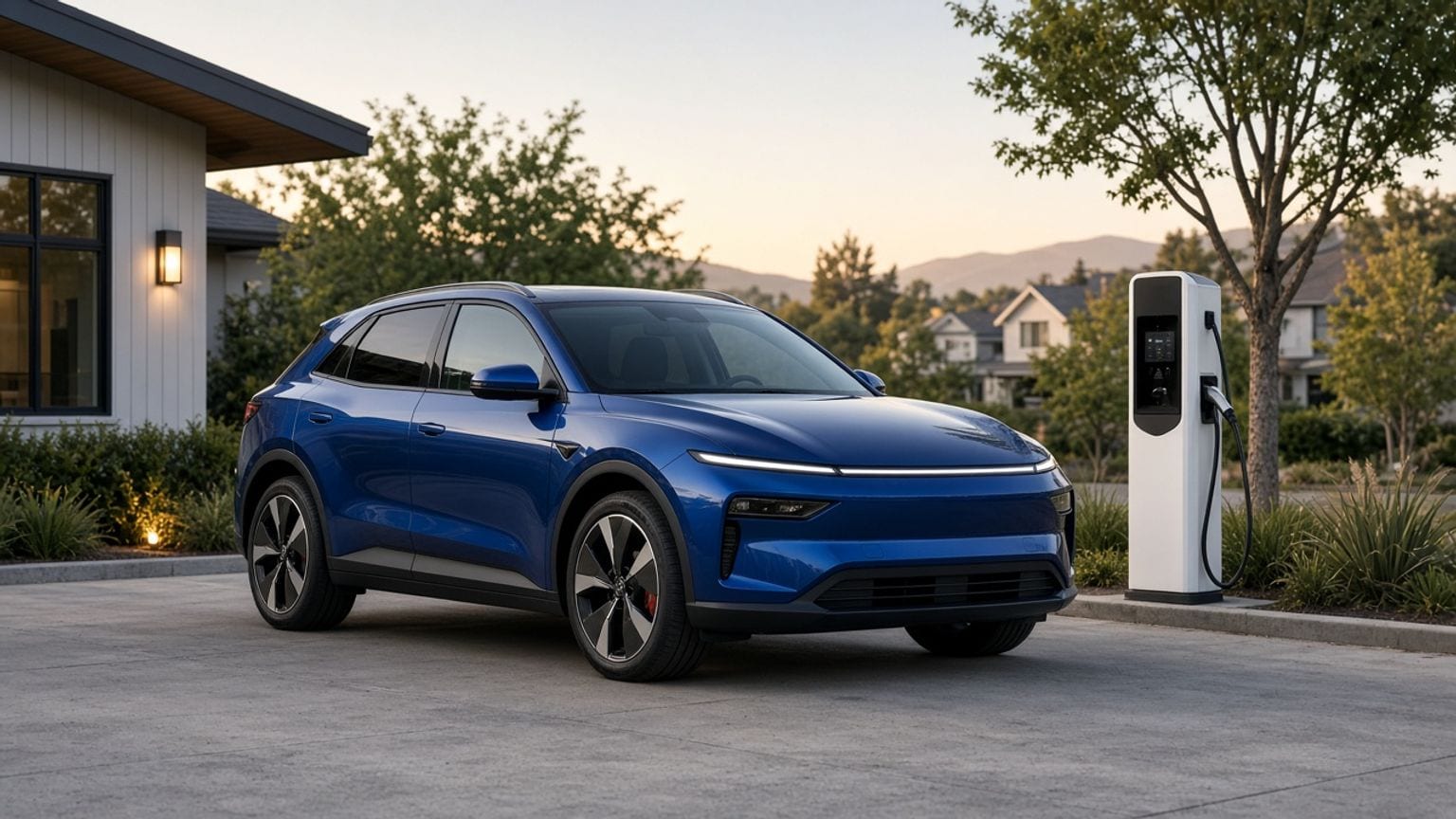 Blue electric crossover at a suburban charging station, car fully visible with margin on all sides