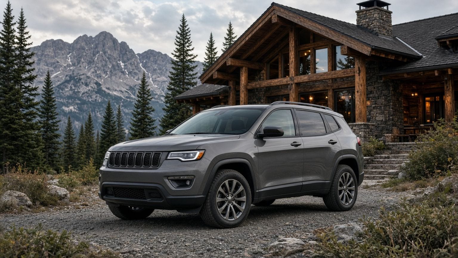 Gray midsize SUV parked outside a mountain lodge, generic SUV styling