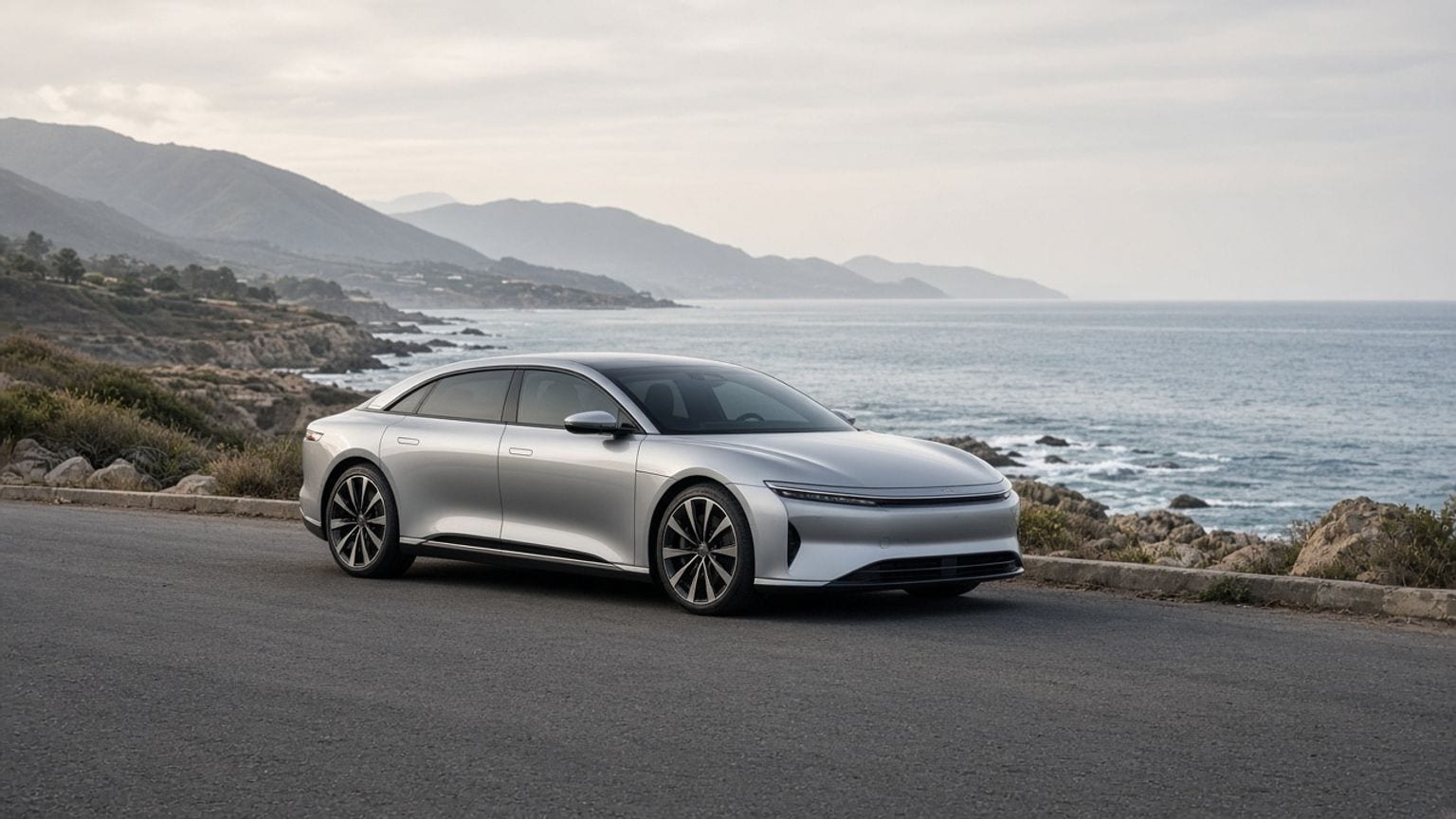 Silver luxury electric sedan on a coastal road, generic styling with no readable brand logos