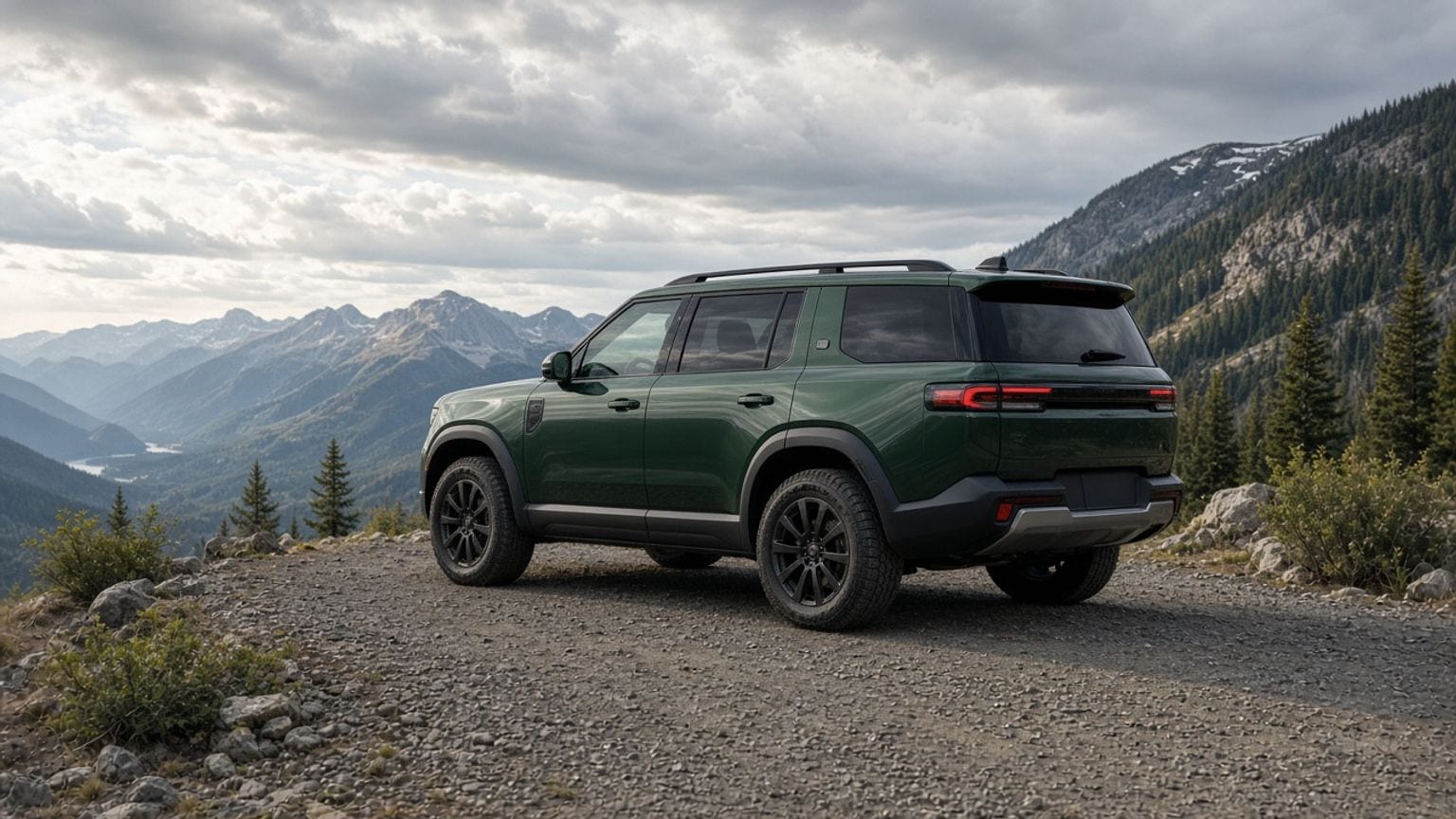 Dark green electric SUV on a gravel overlook, wheels fully visible with space around the vehicle