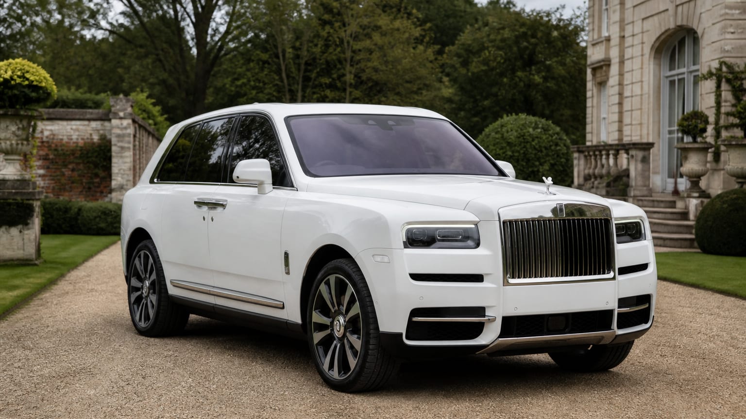 White Rolls-Royce Cullinan SUV parked on a tree-lined driveway
