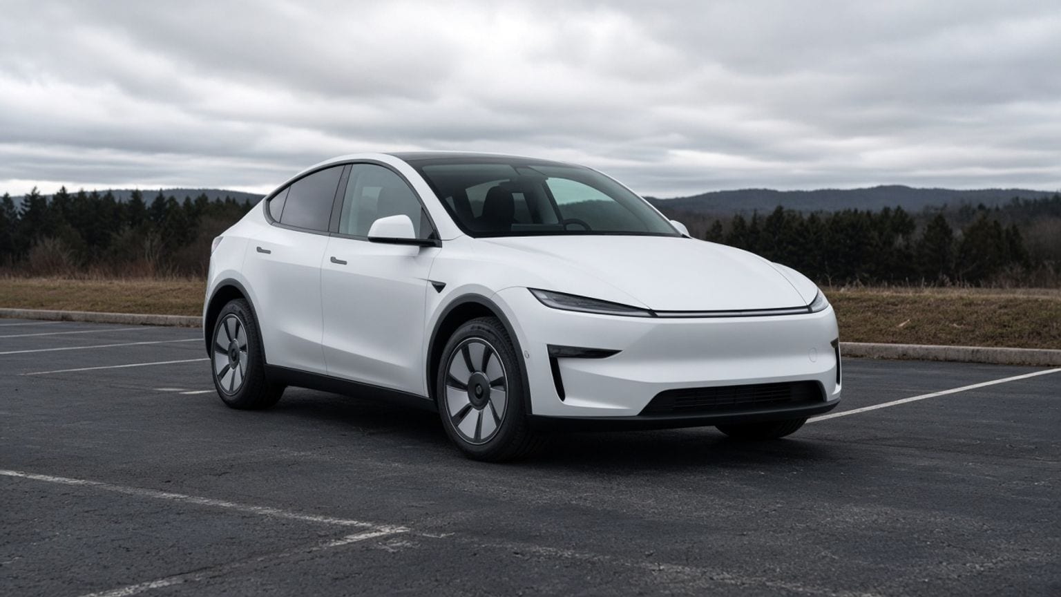 White electric crossover SUV in a parking lot, photographed with wide framing and no readable badges
