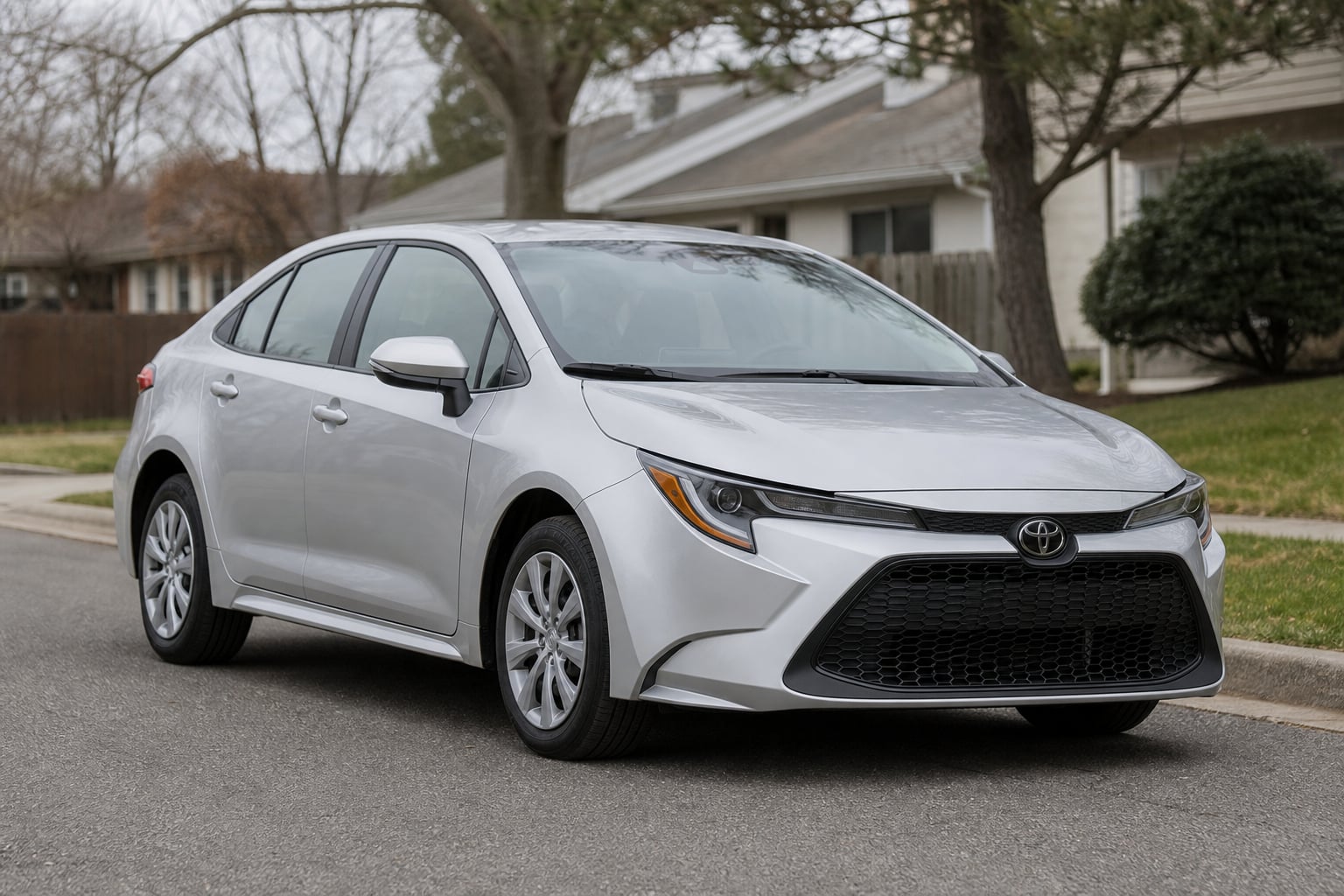 Silver Toyota Corolla sedan parked on a residential street