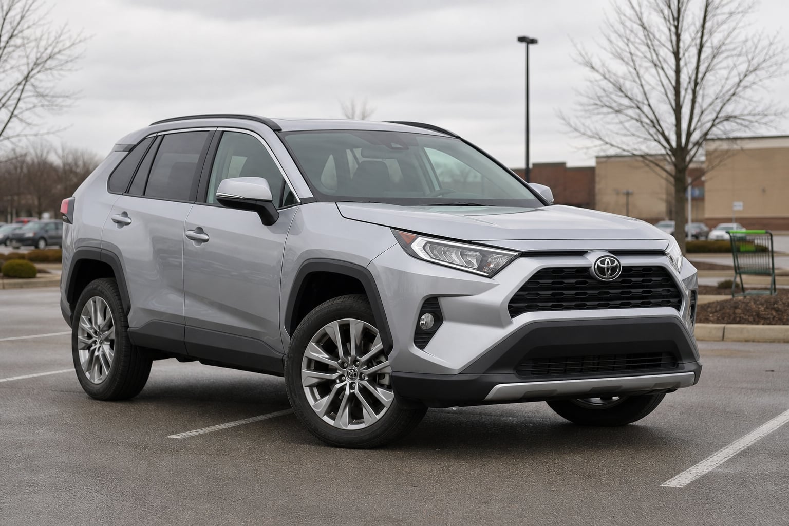 Silver Toyota RAV4 parked in a grocery store lot