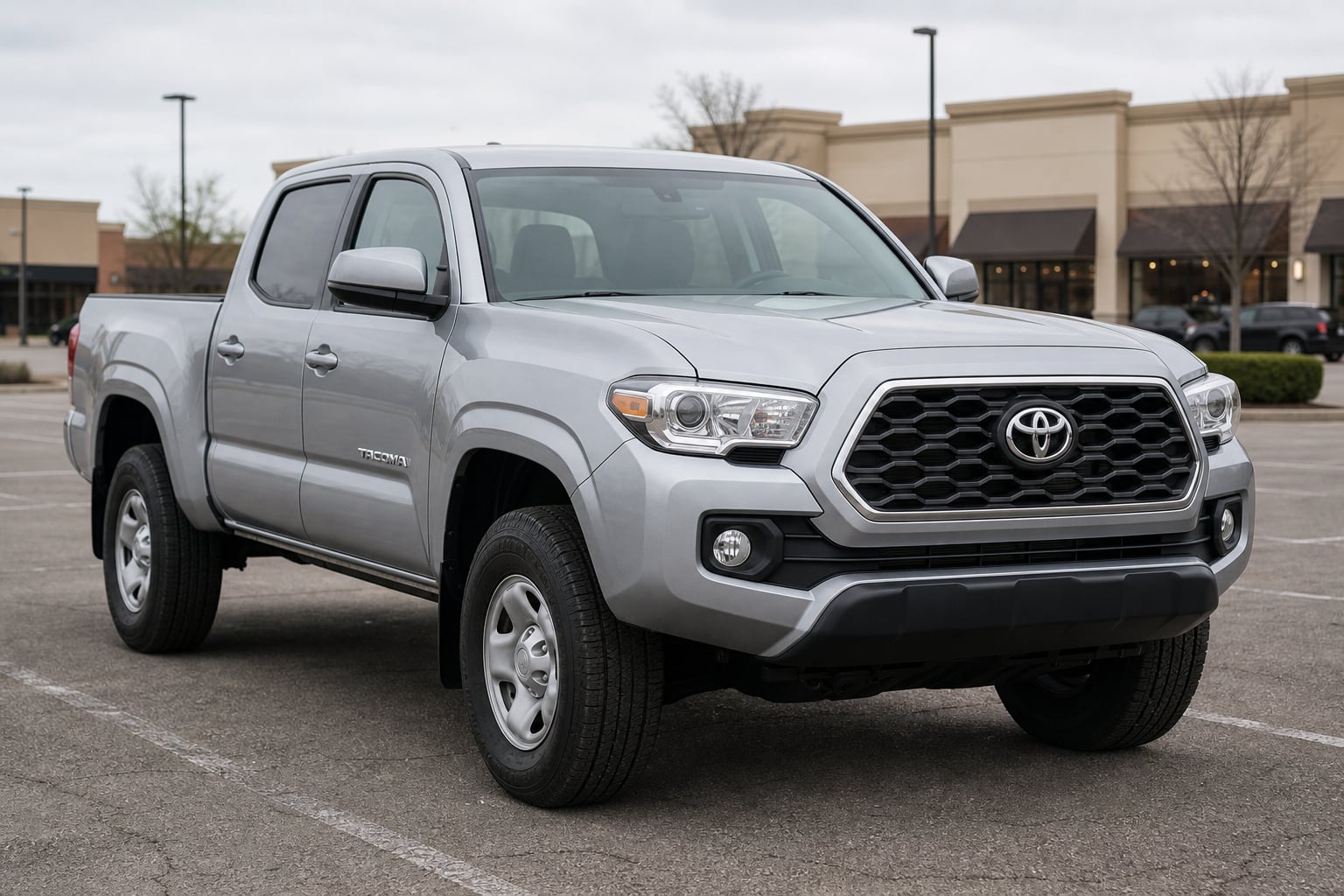 Silver Toyota Tacoma pickup parked in a suburban lot