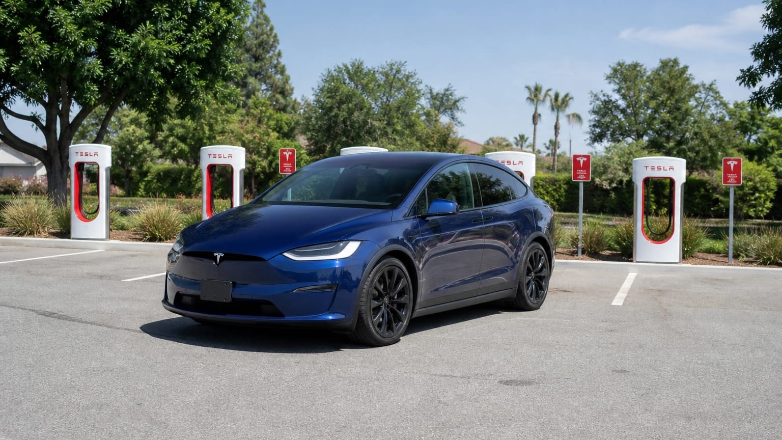A Tesla Model X parked outdoors, three-quarter front view.