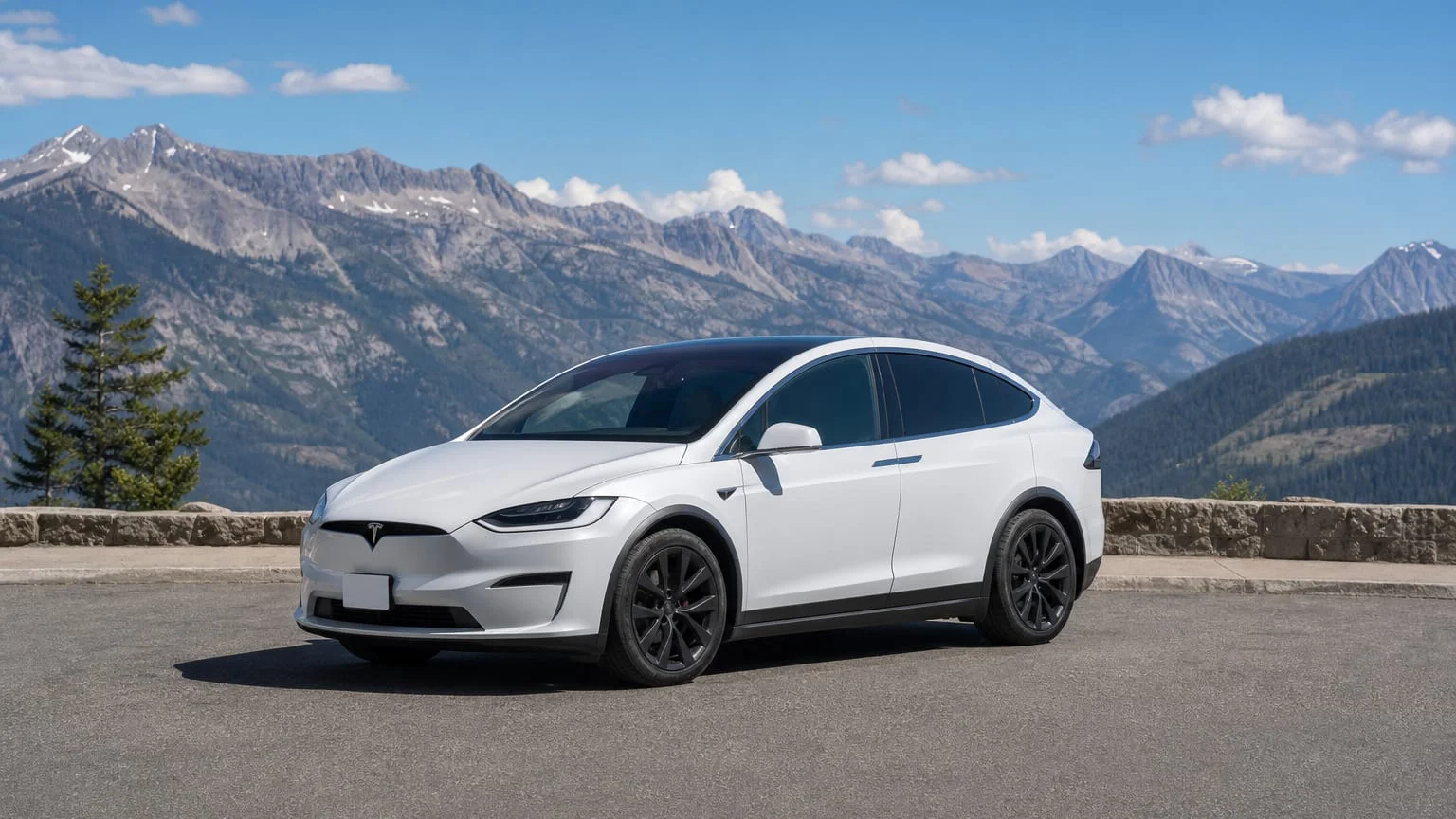 A Tesla Model X electric SUV, three-quarter front view, parked on a quiet street.