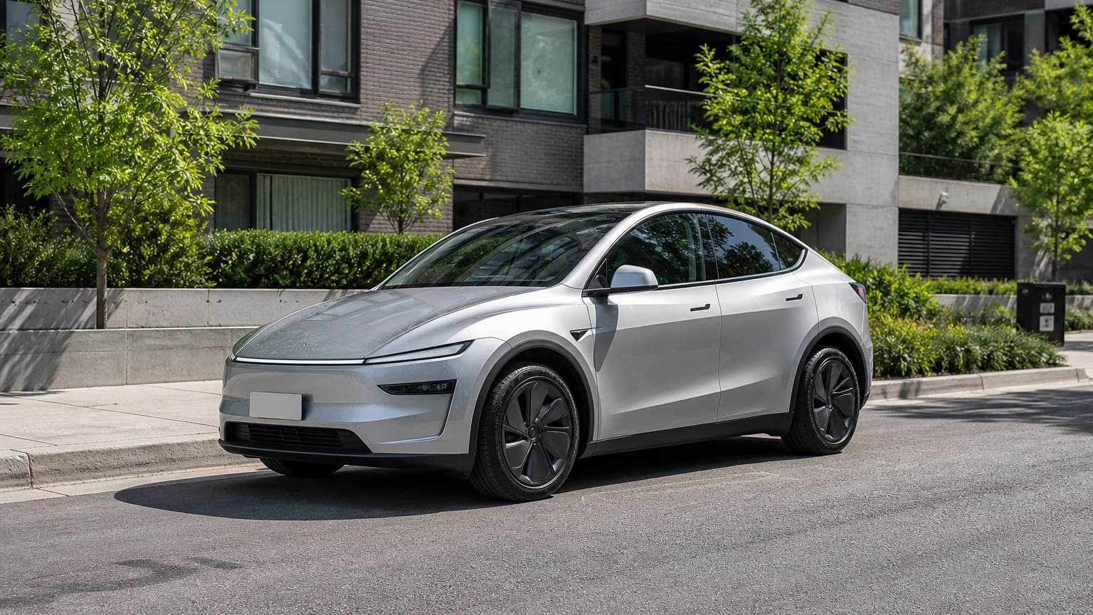 A cleaner later-model Tesla Model Y on a quiet road.