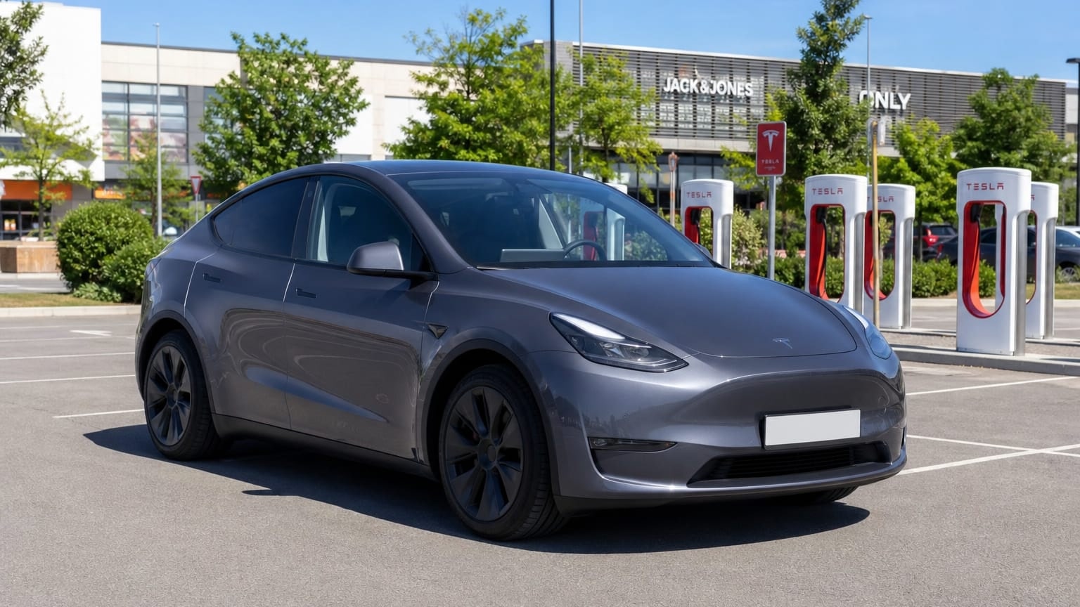 A Tesla Model Y parked outdoors, three-quarter front view.