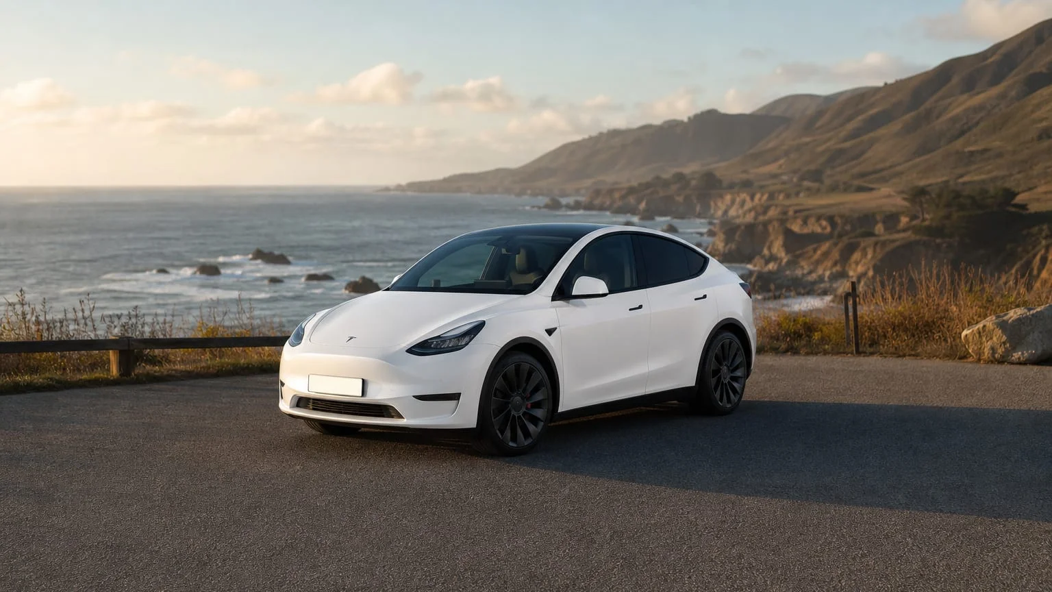 A Tesla Model Y electric SUV, three-quarter front view, parked on a quiet street.