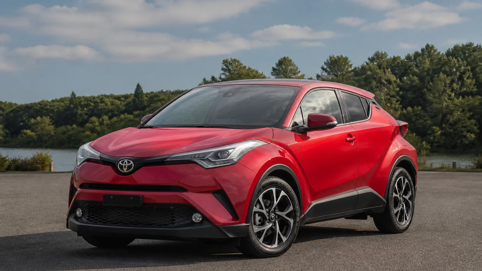 A Toyota C-HR, three-quarter front view, parked outdoors.