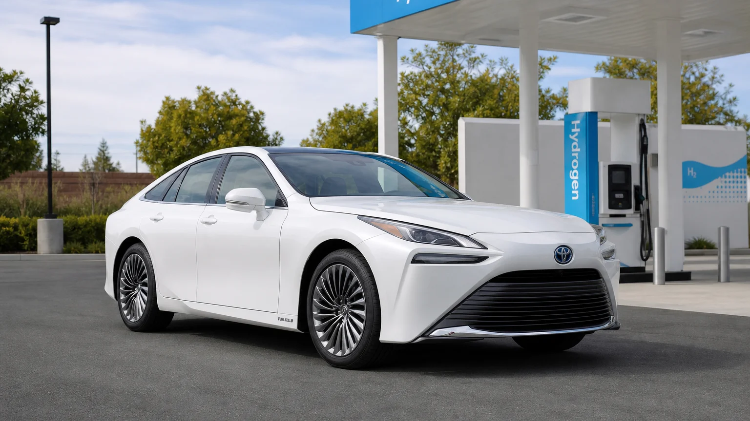 A Toyota Mirai, three-quarter front view, parked outdoors.