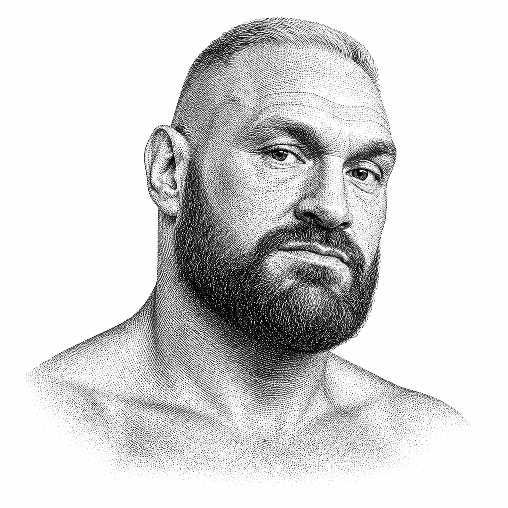 Black and white stipple portrait of Tyson Fury.