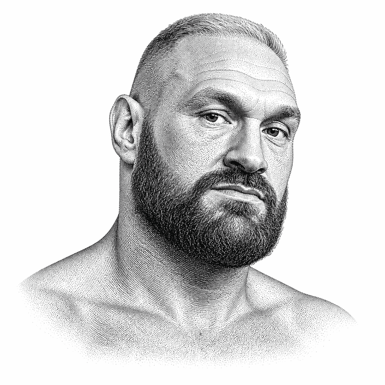Black and white stipple portrait of Tyson Fury.