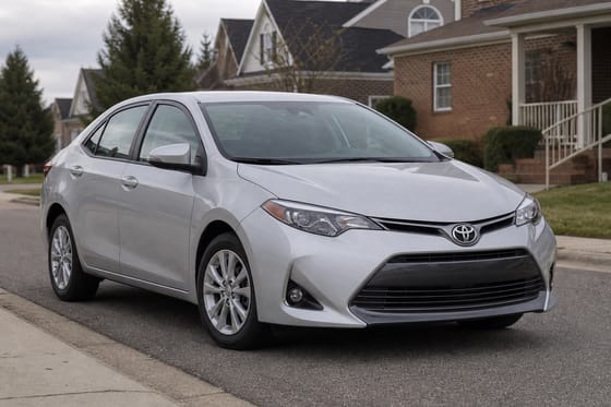 Silver Toyota Corolla sedan parked on a quiet residential street on an overcast afternoon.