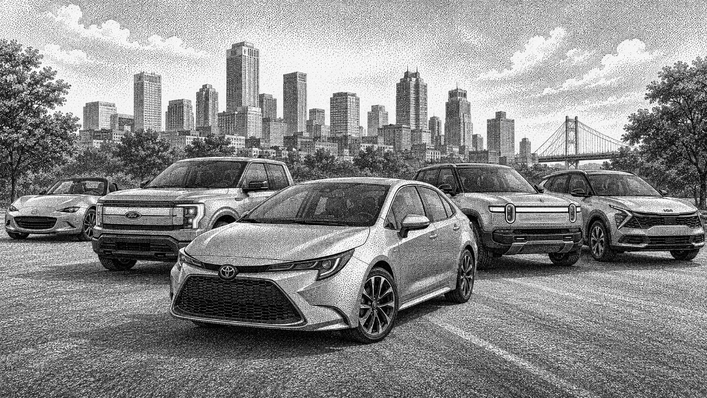 Stipple illustration of upcoming cars under $50K, including a Toyota Corolla, Ford pickup, Mazda MX-5, and SUVs in front of a city skyline.
