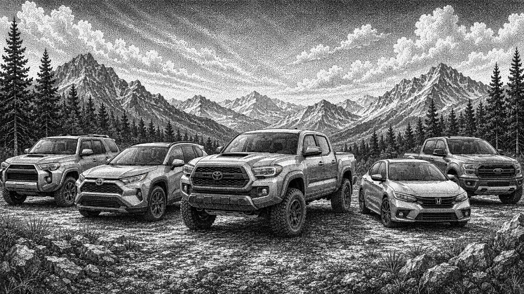 Stipple illustration of a Toyota Tacoma, 4Runner, RAV4, Honda Civic, and Ford F-150 in a mountain landscape.
