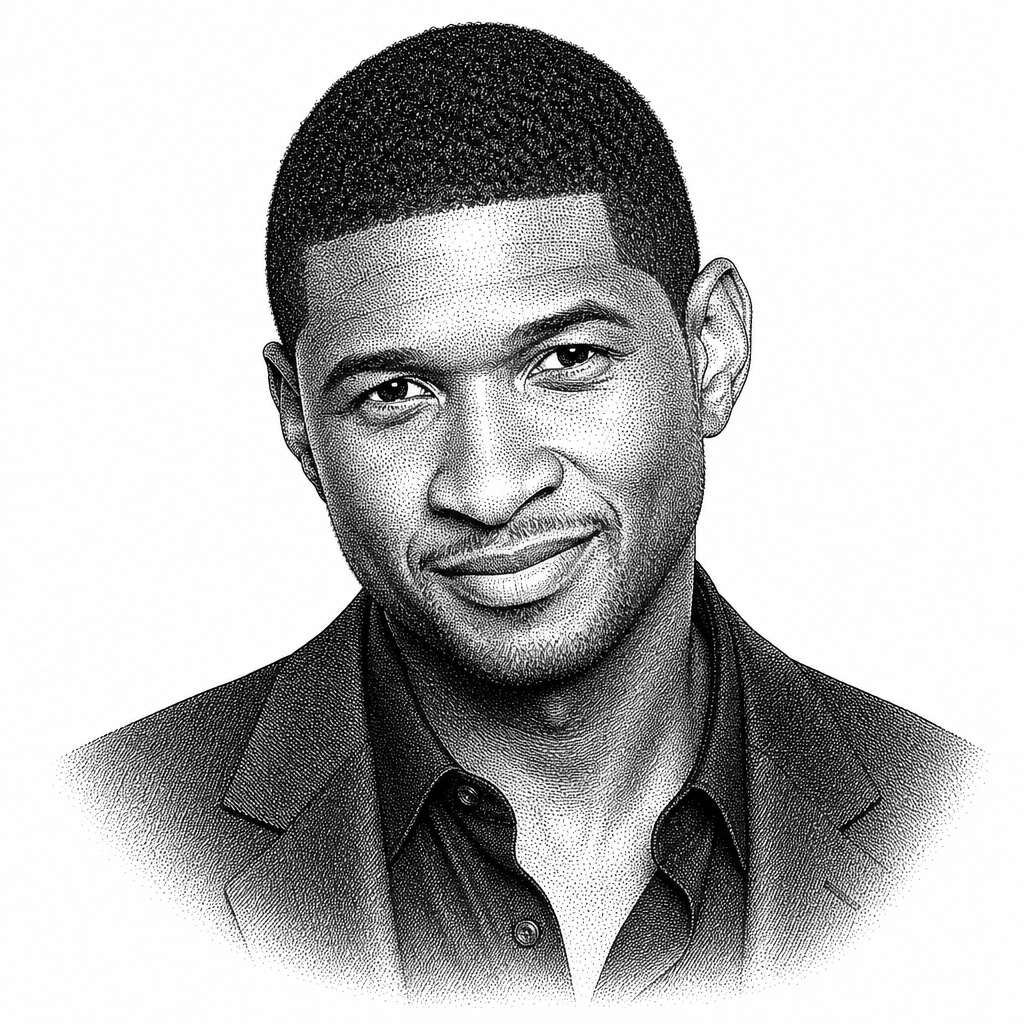 Black and white stipple portrait of Usher.
