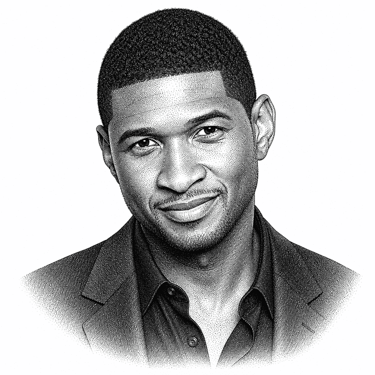 Black and white stipple portrait of Usher.