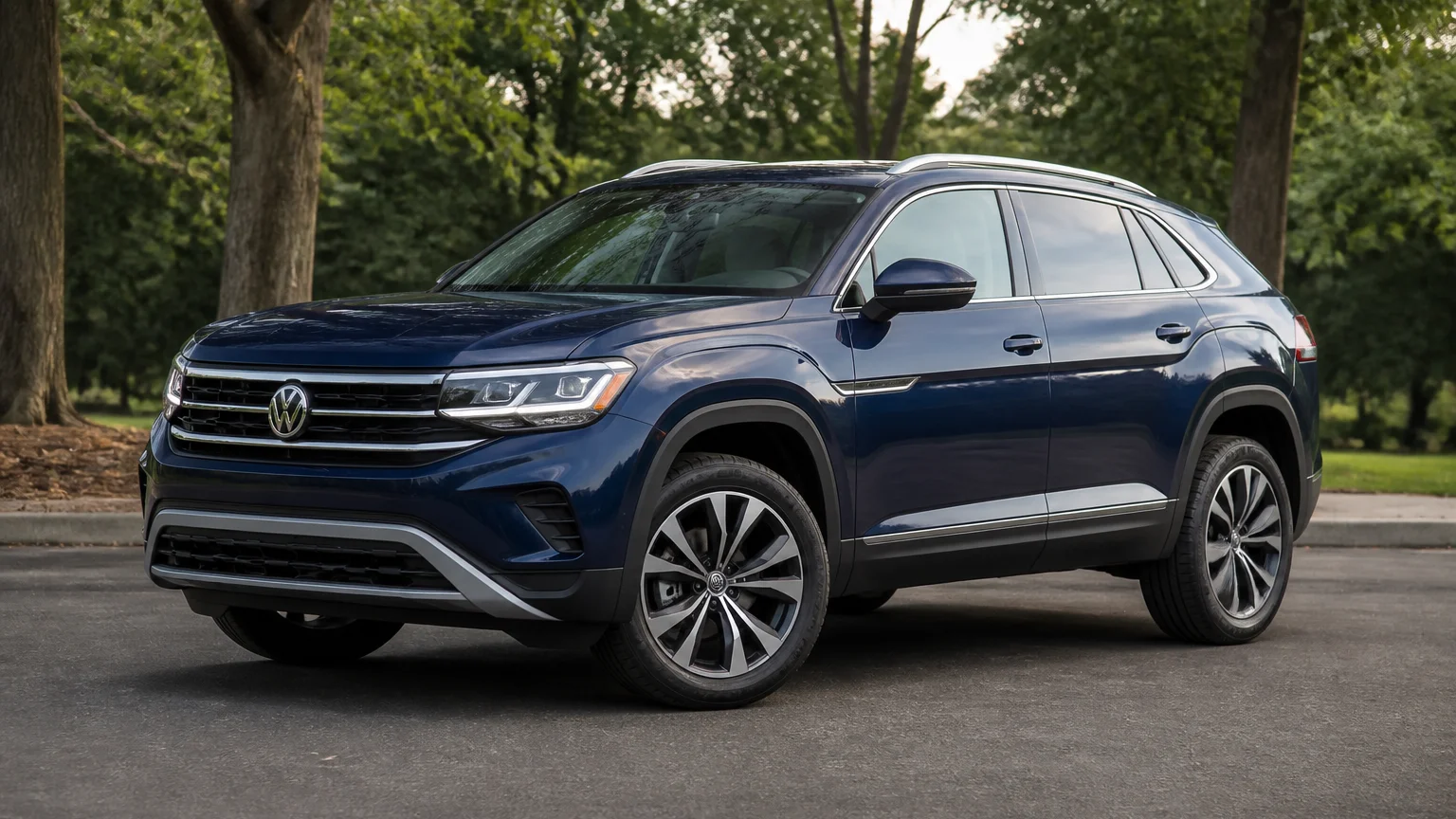 A Volkswagen Atlas Cross Sport, three-quarter front view, parked outdoors.