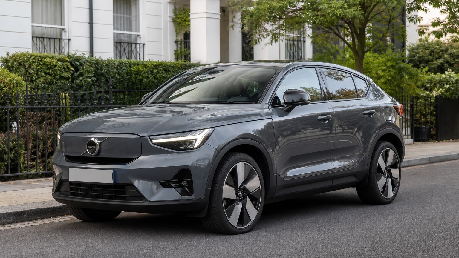 A Volvo C40 Recharge parked outdoors, three-quarter front view.
