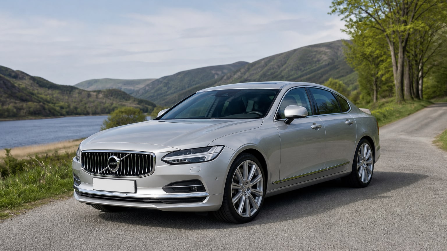 A cleaner later-model Volvo S90 on a quiet road.