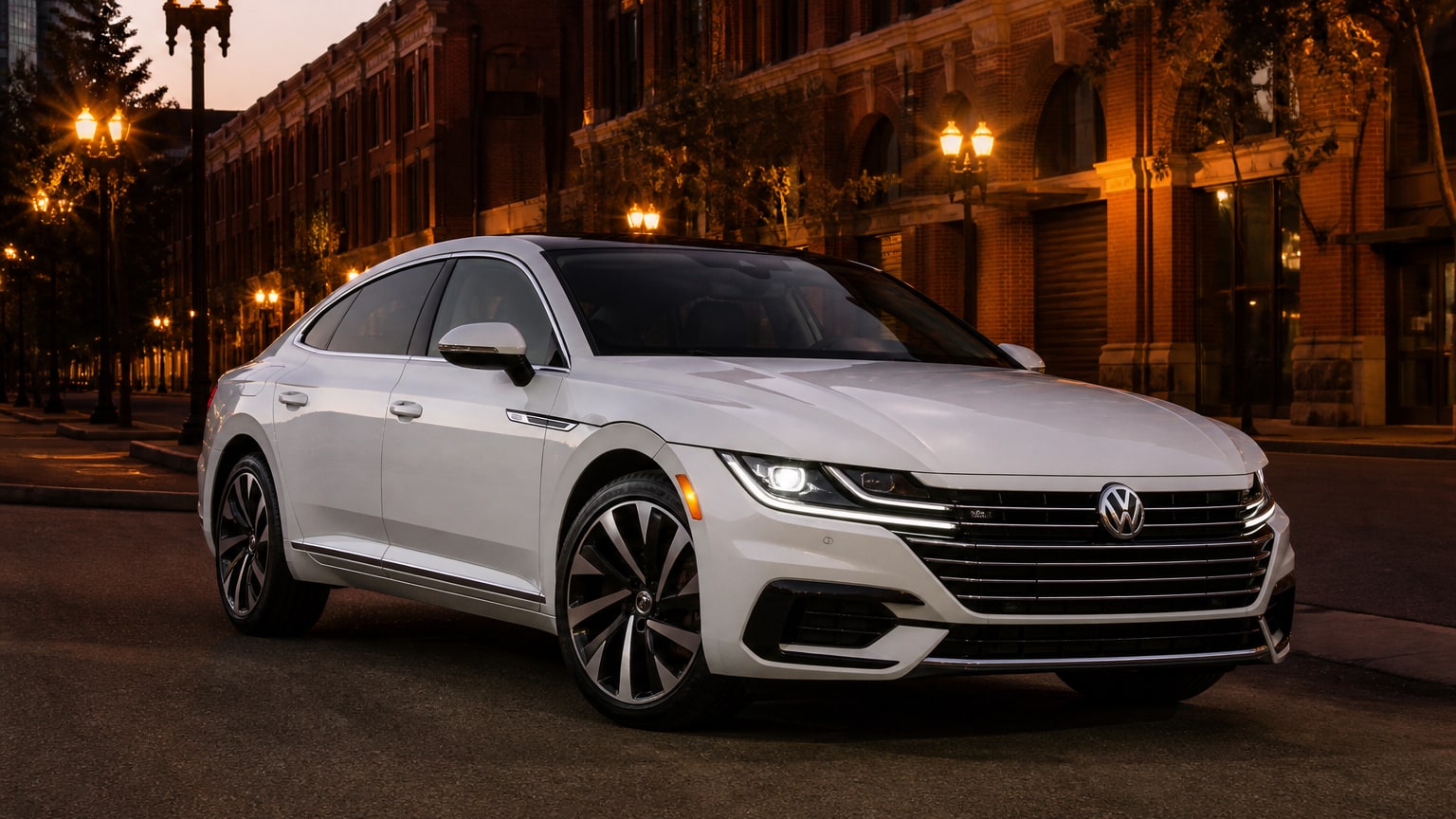 A white Volkswagen Arteon fastback sedan parked on a city street at dusk.