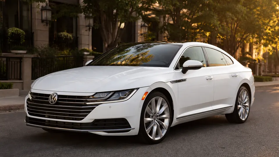 A white Volkswagen Arteon fastback sedan, three-quarter front view, parked on a city street.