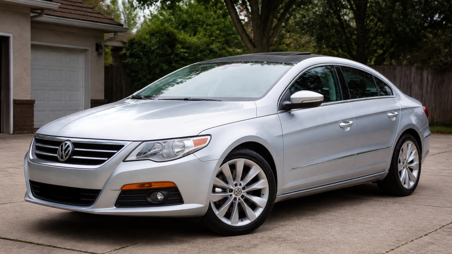 A silver early Volkswagen CC parked in a suburban driveway.