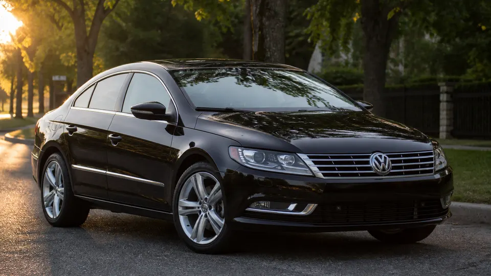 A black Volkswagen CC coupe-sedan, three-quarter front view, parked on a quiet street.