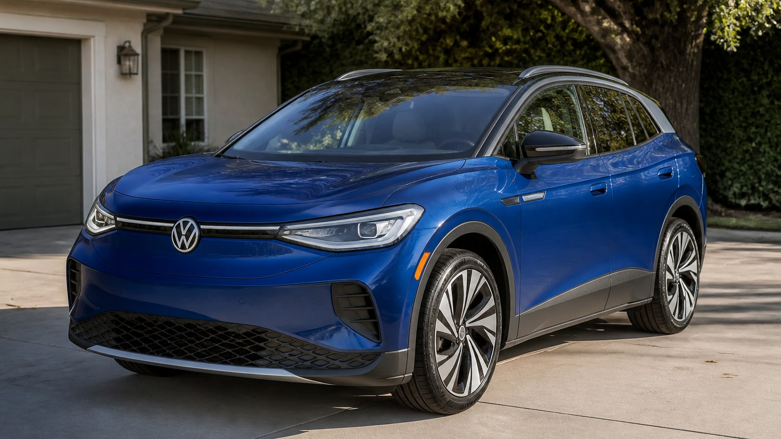 A blue 2021 Volkswagen ID.4 parked in a residential driveway.