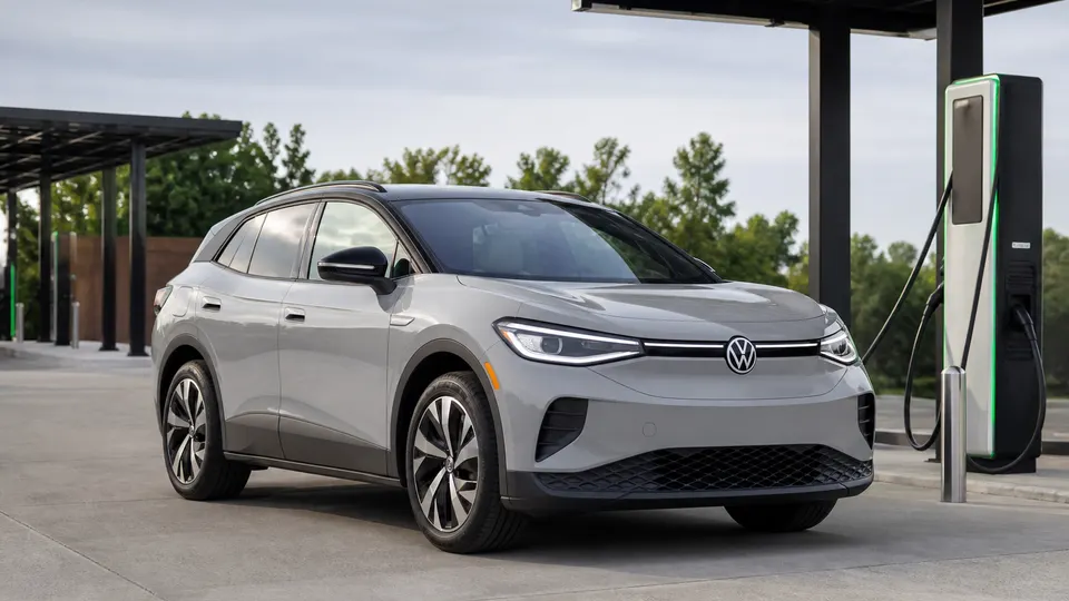 A Moonstone Gray Volkswagen ID.4 electric SUV, three-quarter front view, parked at an EV charging plaza.