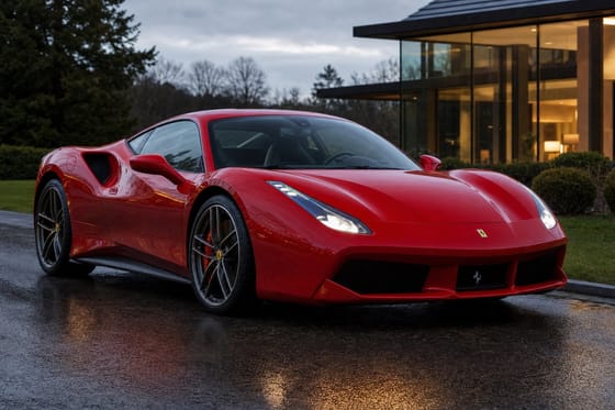 Red Ferrari sports car parked on a wet driveway outside a modern glass home at dusk.