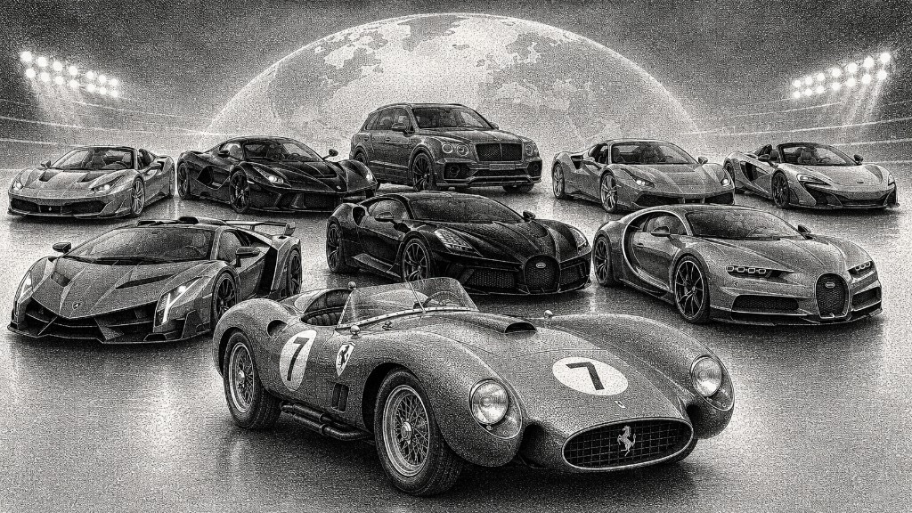 Illustration of luxury and supercars in front of a World Cup stadium and globe.